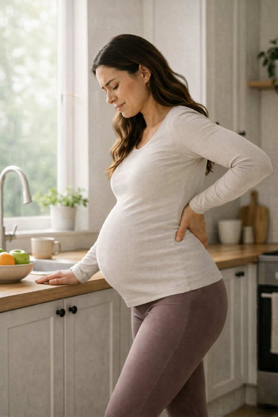 A heavily pregnant woman in her third trimester leaning against a kitchen counter and holding her lower back in discomfort due to pregnancy back pain.