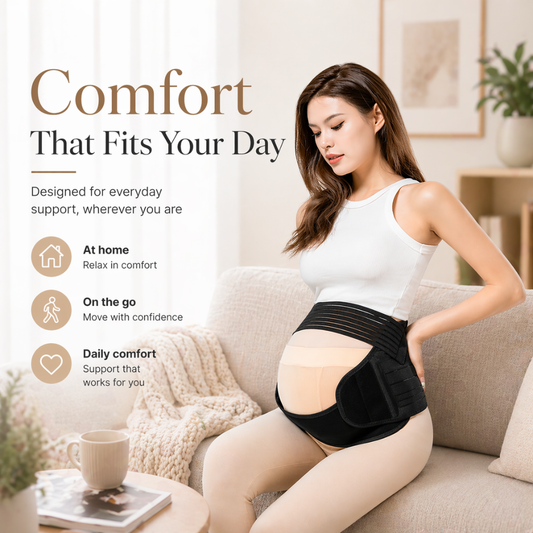 A product comparison infographic for Mama's Bump showing a side-by-side view of a model wearing the Essential belly band versus the Advanced maternity support belt.