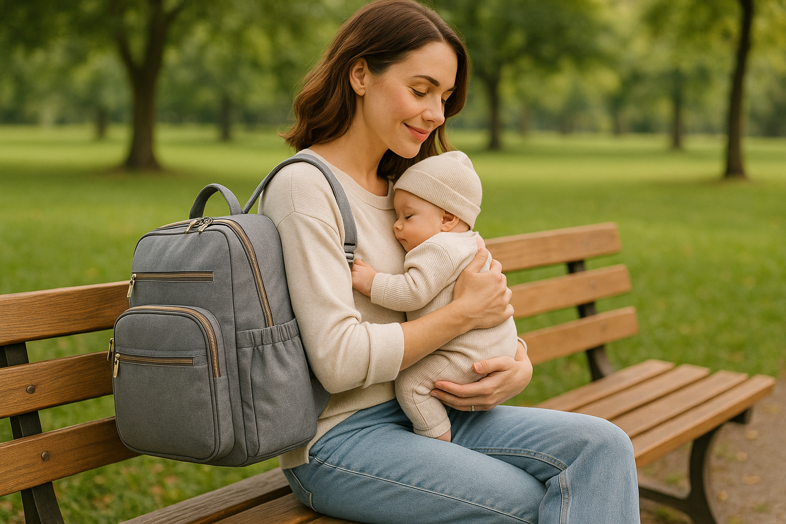 mum with baby changing bag on shoulder, outdoors at park bench