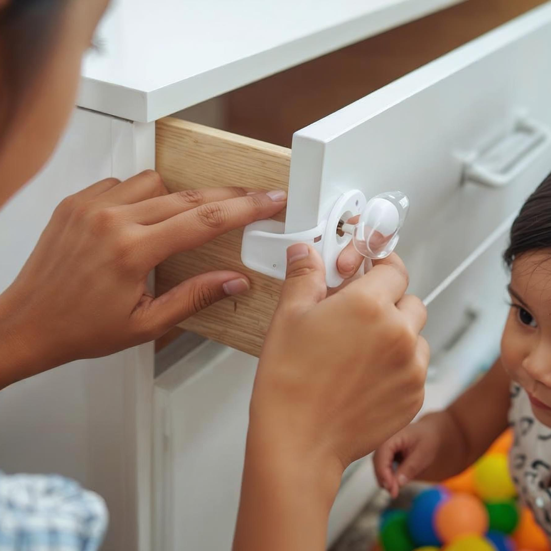 Person installing a child safety lock on a cabinet door with a child watching.