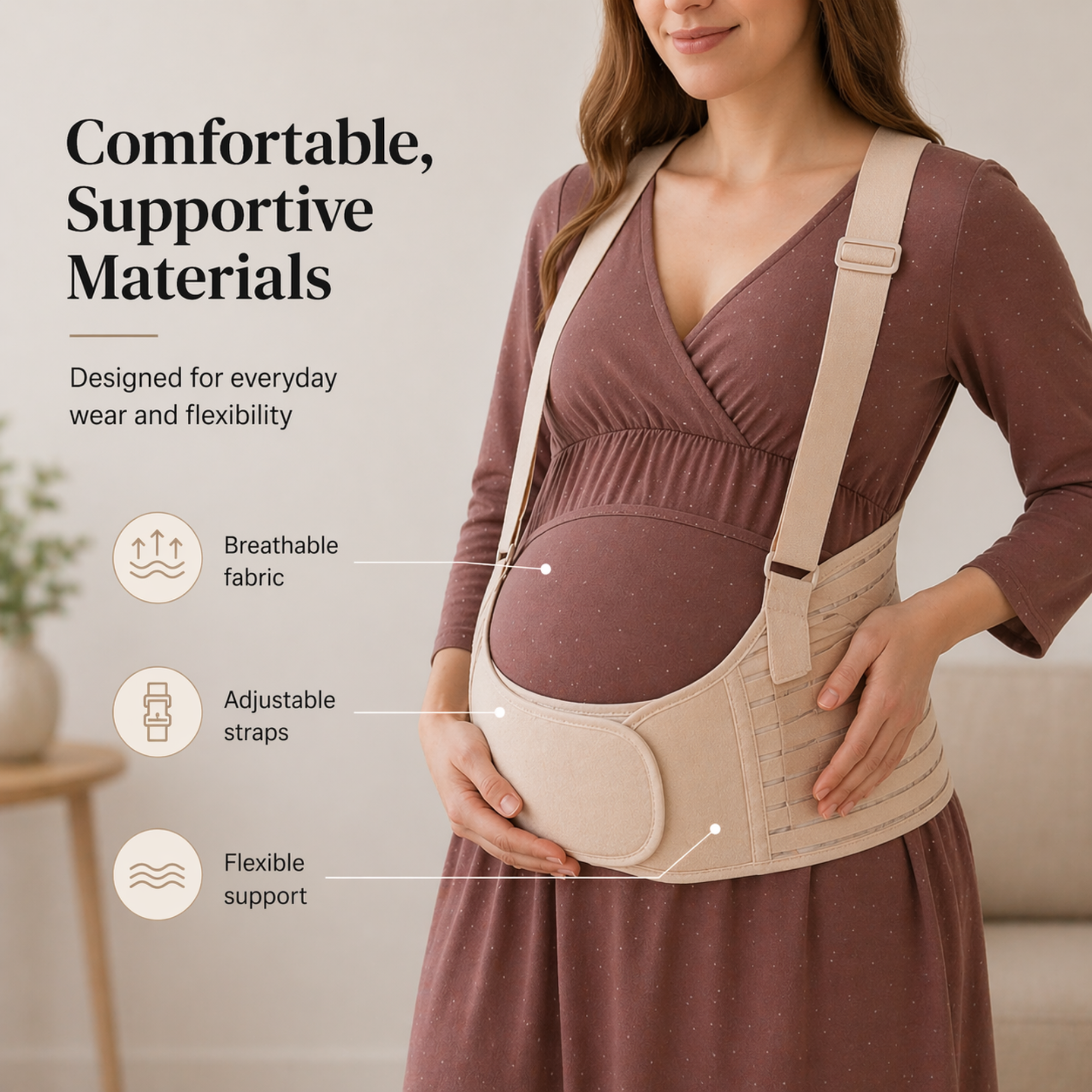 Product feature infographic showing the back view of a woman wearing a black advanced maternity support belt with shoulder straps highlighting its posture correction benefits.