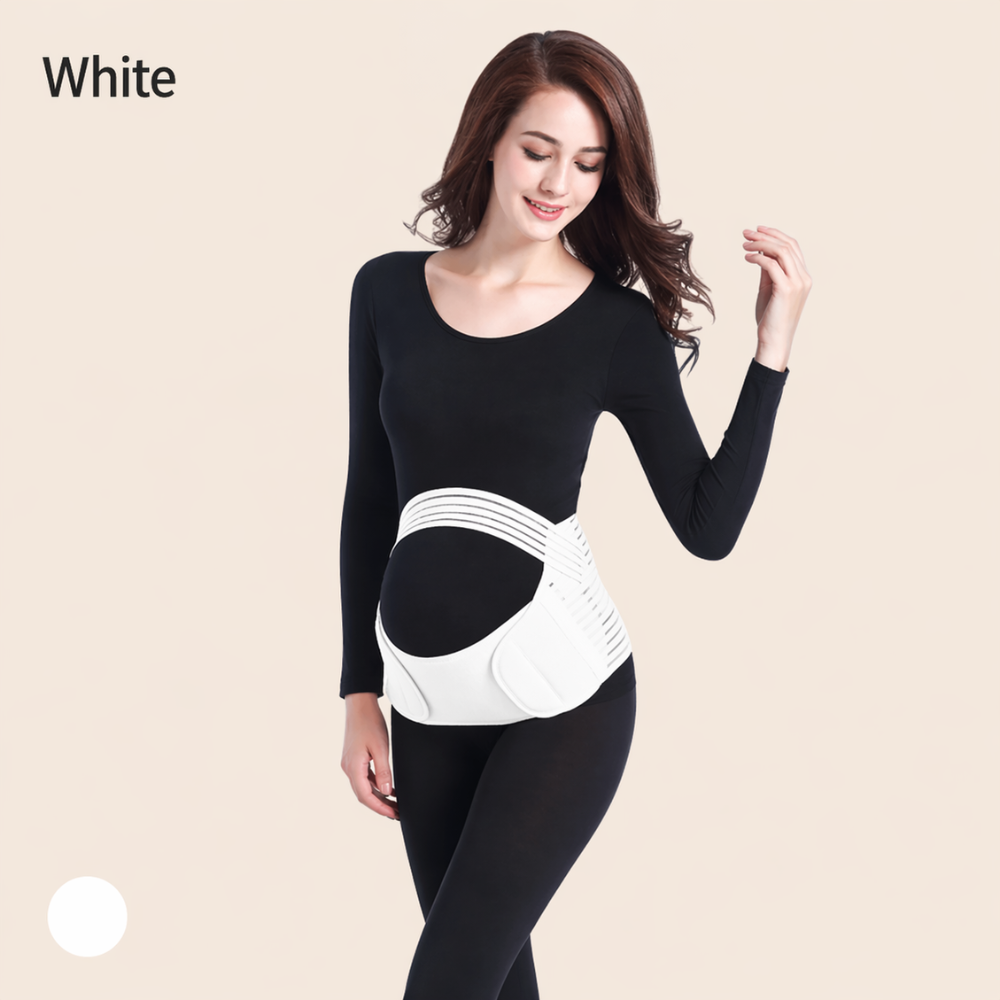 A product feature graphic showcasing a woman wearing a black maternity support belt with text highlighting simple, targeted prenatal support on a beige background.