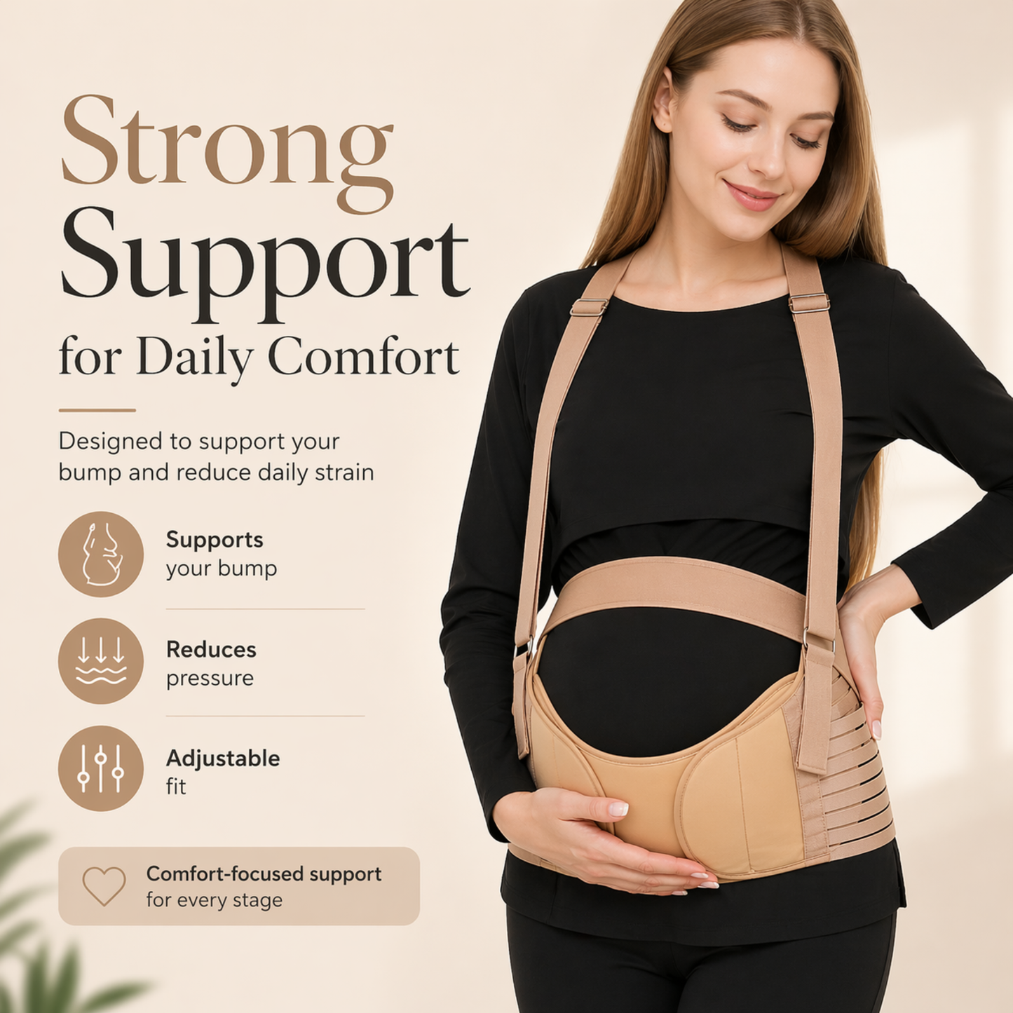 An infographic feature graphic showing a woman wearing a black maternity support belt with callouts emphasizing targeted support for the lower back and abdomen.