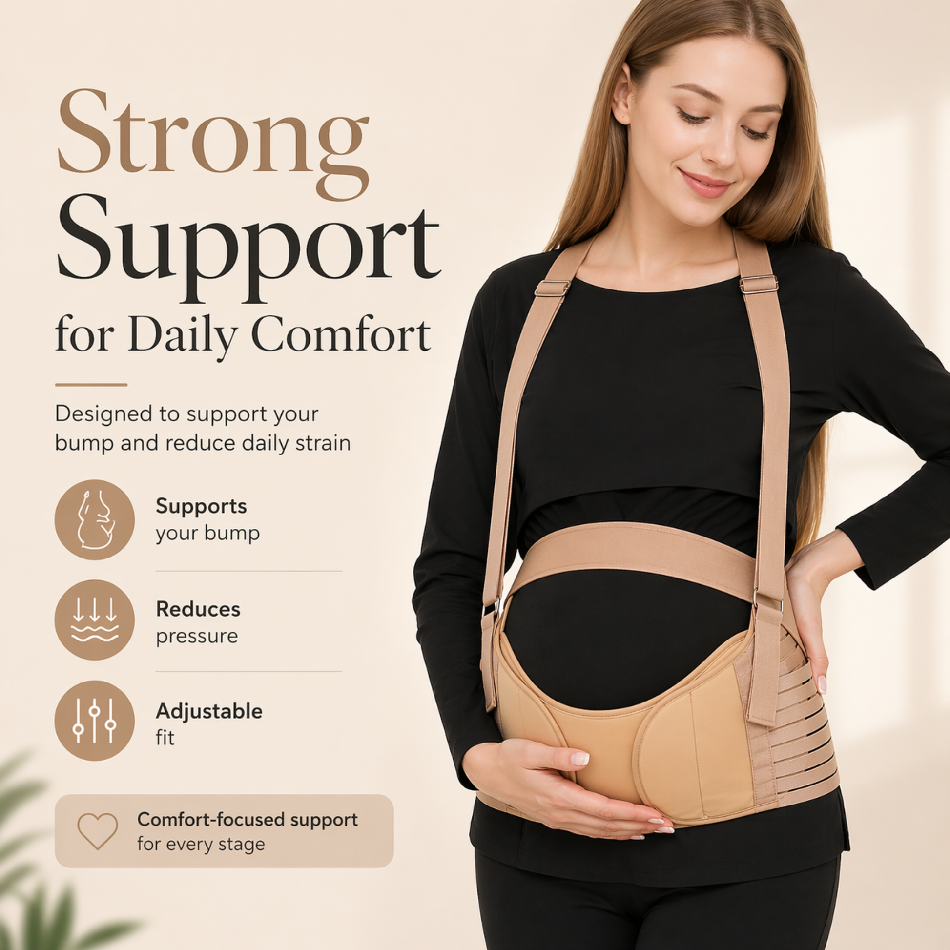 An infographic feature graphic showing a woman wearing a black maternity support belt with callouts emphasizing targeted support for the lower back and abdomen.