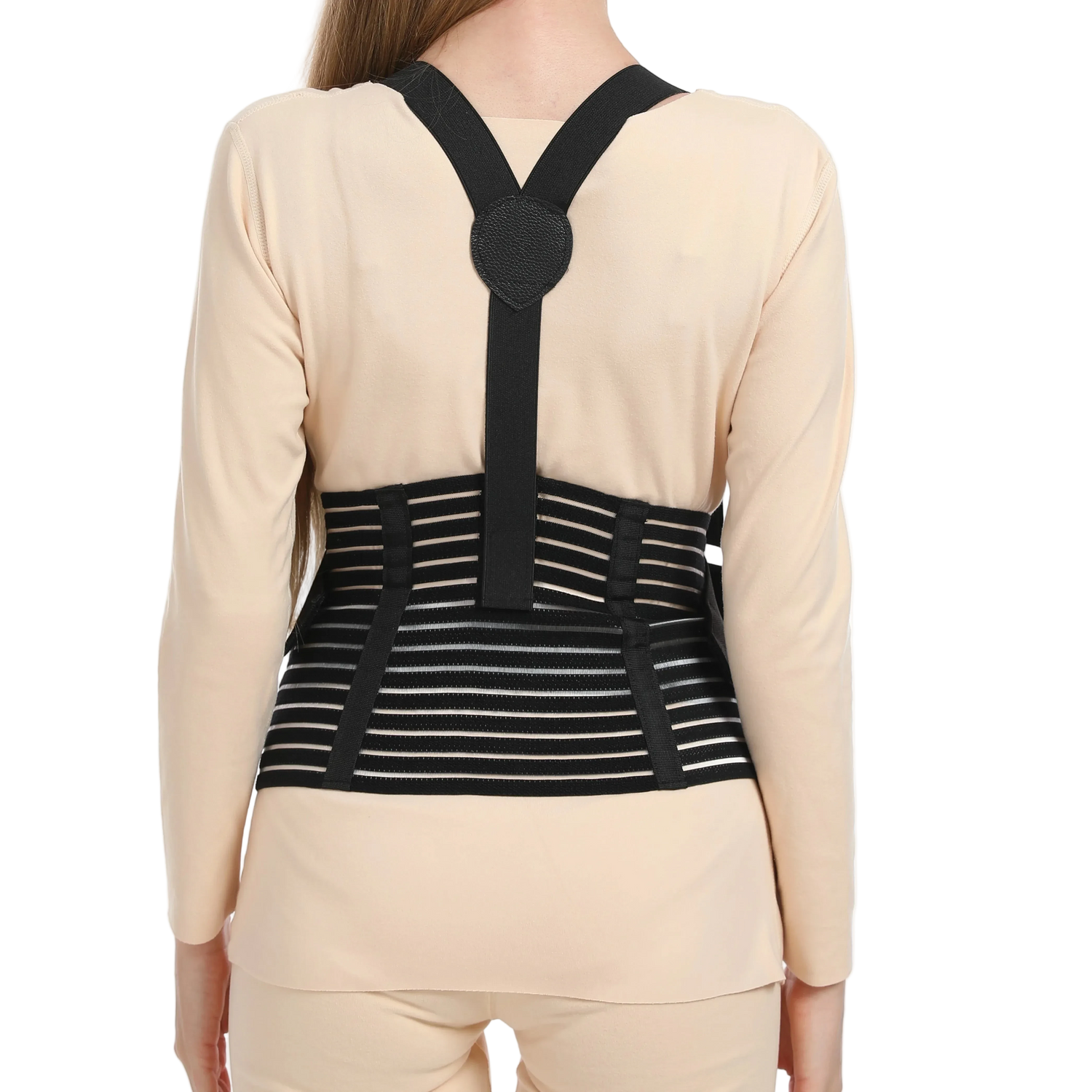 Person wearing an adjustable black and gray upper back posture corrector brace on a white background for spine alignment.